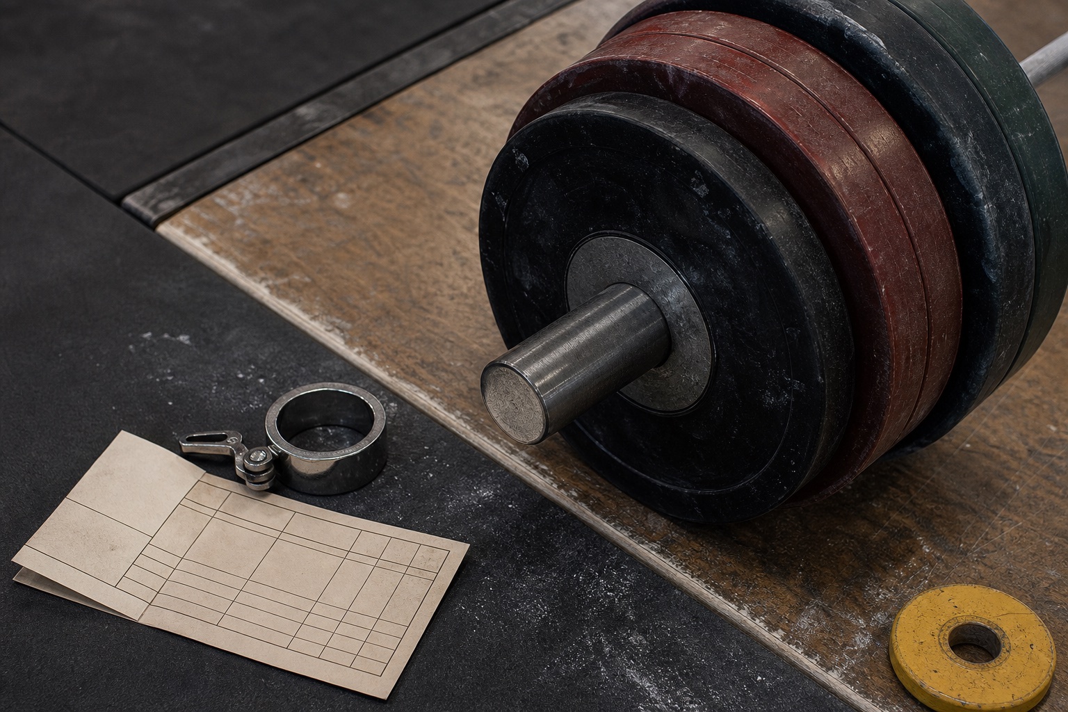 Loaded barbell plates and an attempt card on a lifting platform